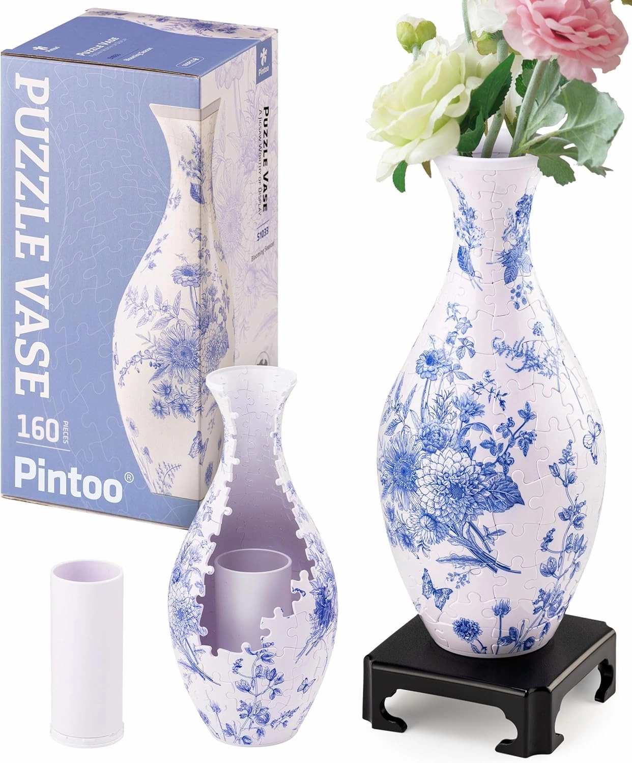 Pintoo 3D Puzzle Vase Unique Flower Vase Made by 160 Curved Plastic Puzzle Pieces House Warming Gift for Flower Arrangements and Home Decoration - [S1033] (Classic, Blooming Season)