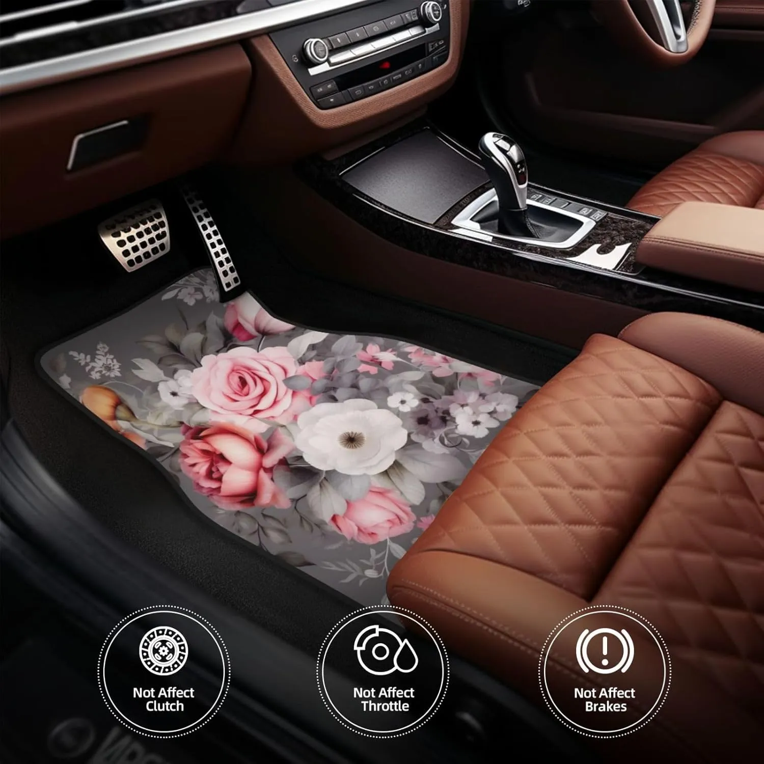 Plant Floral Flowers Universal Car Floor Mats, Car Foot Mat Set of 4 Pieces, Automotive Front Rear Floor Foot Mats, Anti-Slip Neoprene Car Floor Rugs,for Suvs, Sedans, Van, Trucks