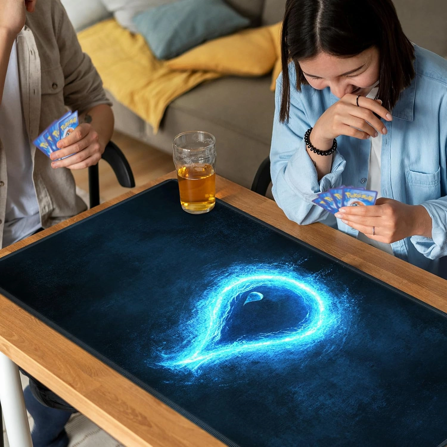 Playmat for MTG, Card Game Mat Non-Slip Rubber Base and Stitched, 24 x 14 inch TCG Play Mat for MTG and Other Card Games (NO Zones), Water Blue