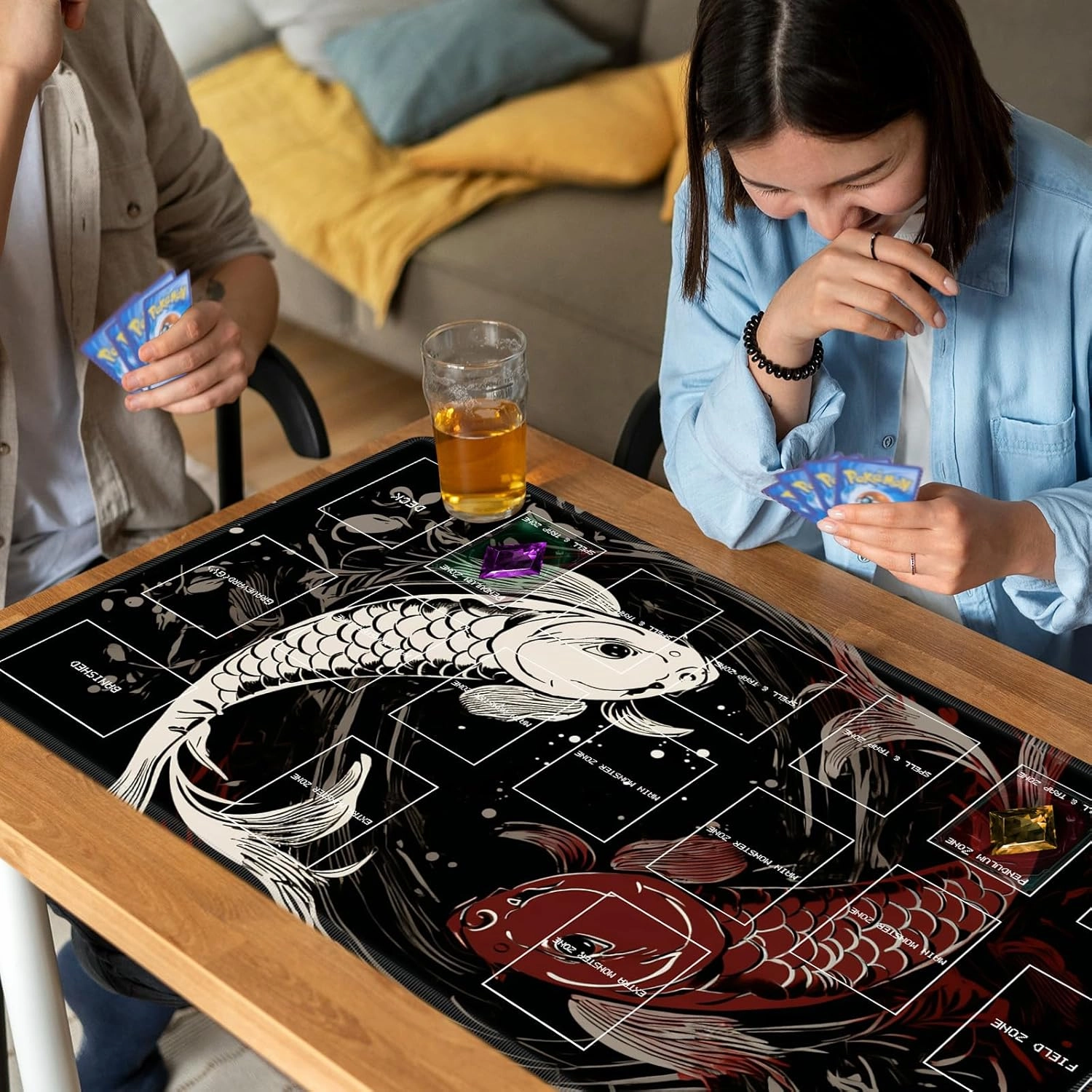 Playmat for OCG, Card Game Mat Non-Slip Rubber Base and Stitched, 24 x 14 in TCG Play Mat with Zones for CCG and Other Card Games, Koi Fish Art