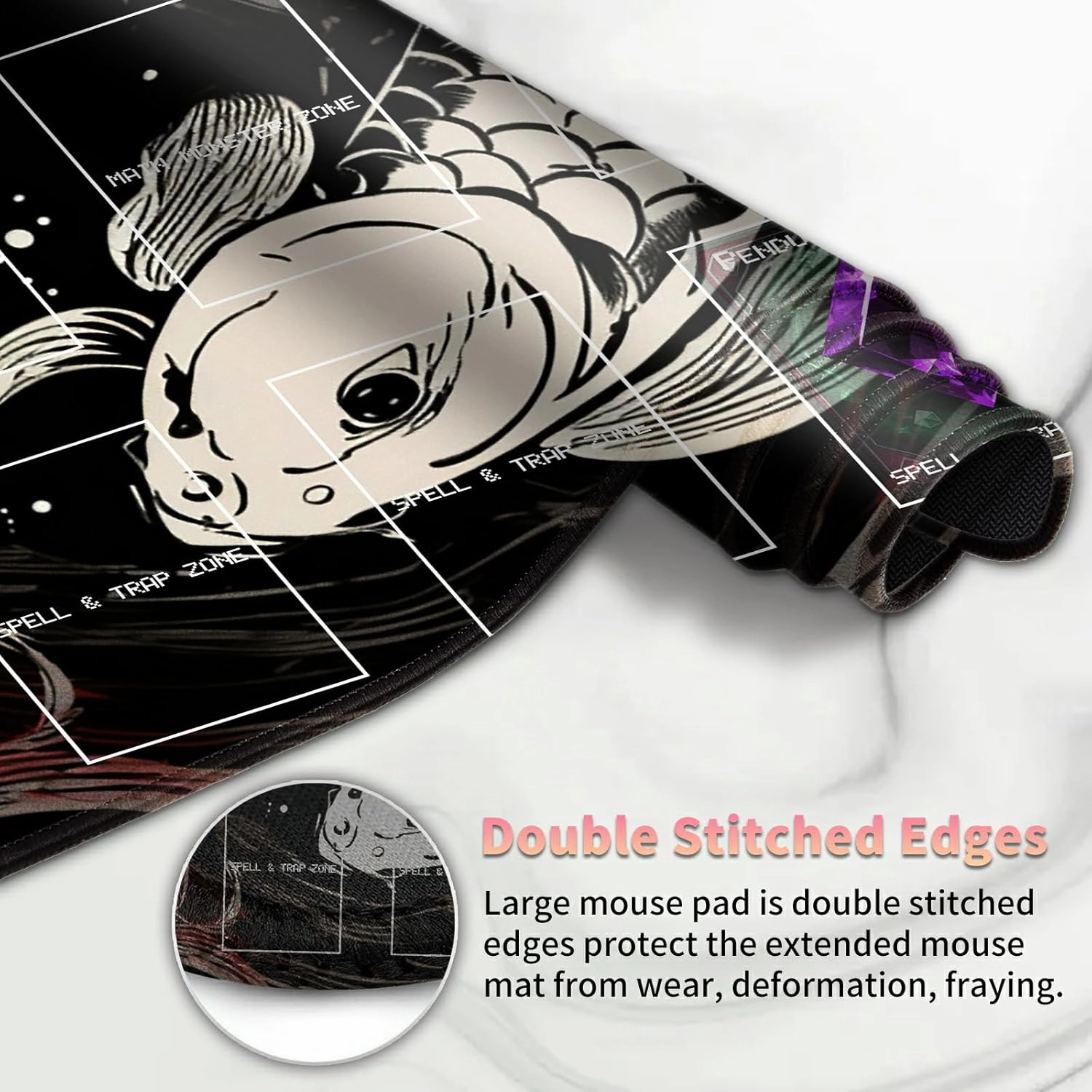 Playmat for OCG, Card Game Mat Non-Slip Rubber Base and Stitched, 24 x 14 in TCG Play Mat with Zones for CCG and Other Card Games, Koi Fish Art