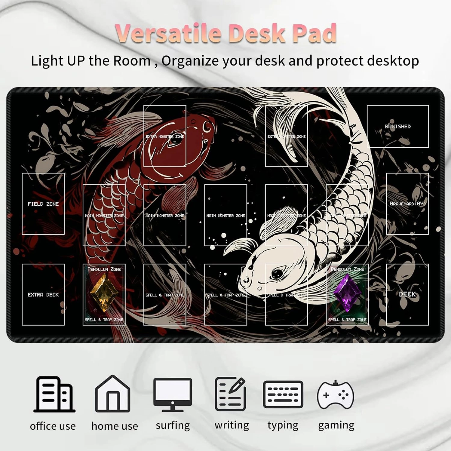 Playmat for OCG, Card Game Mat Non-Slip Rubber Base and Stitched, 24 x 14 in TCG Play Mat with Zones for CCG and Other Card Games, Koi Fish Art