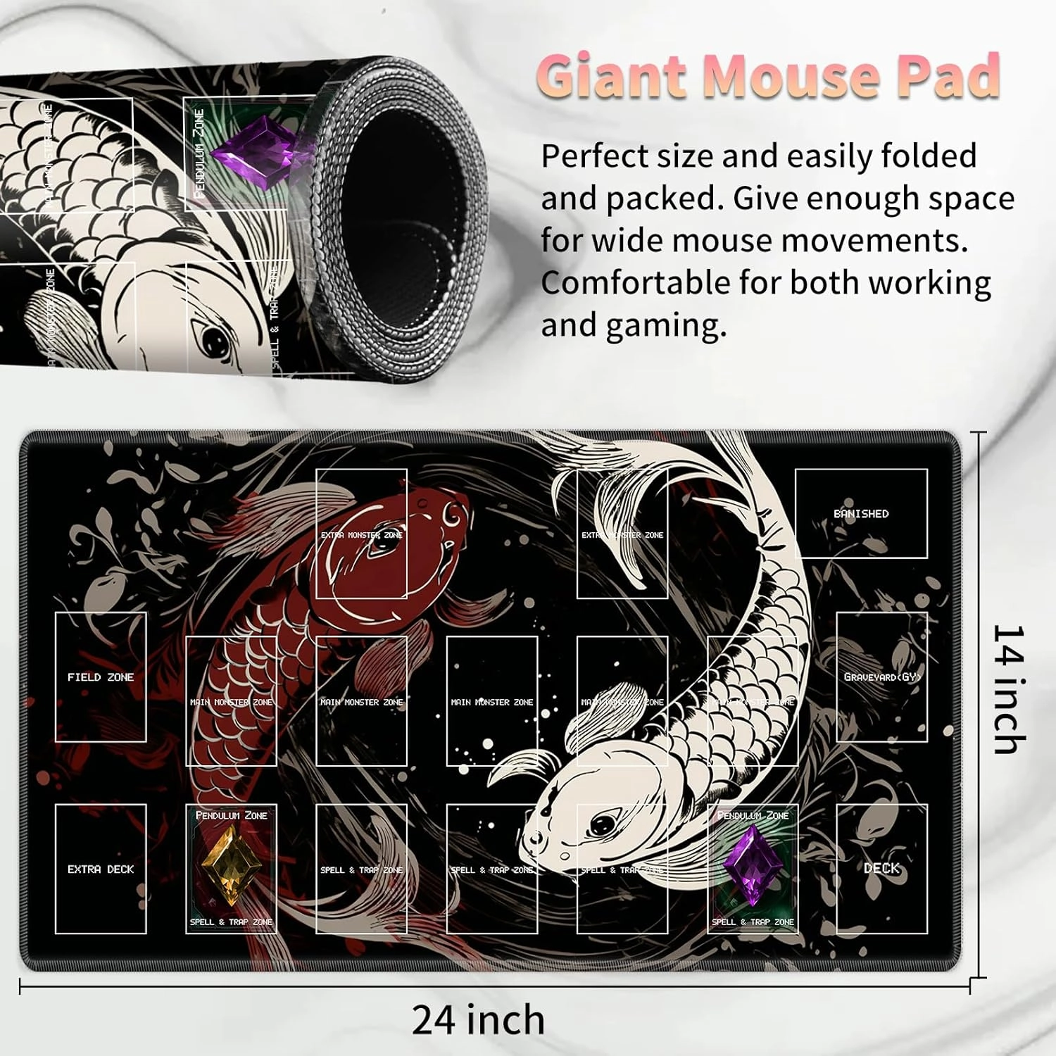 Playmat for OCG, Card Game Mat Non-Slip Rubber Base and Stitched, 24 x 14 in TCG Play Mat with Zones for CCG and Other Card Games, Koi Fish Art