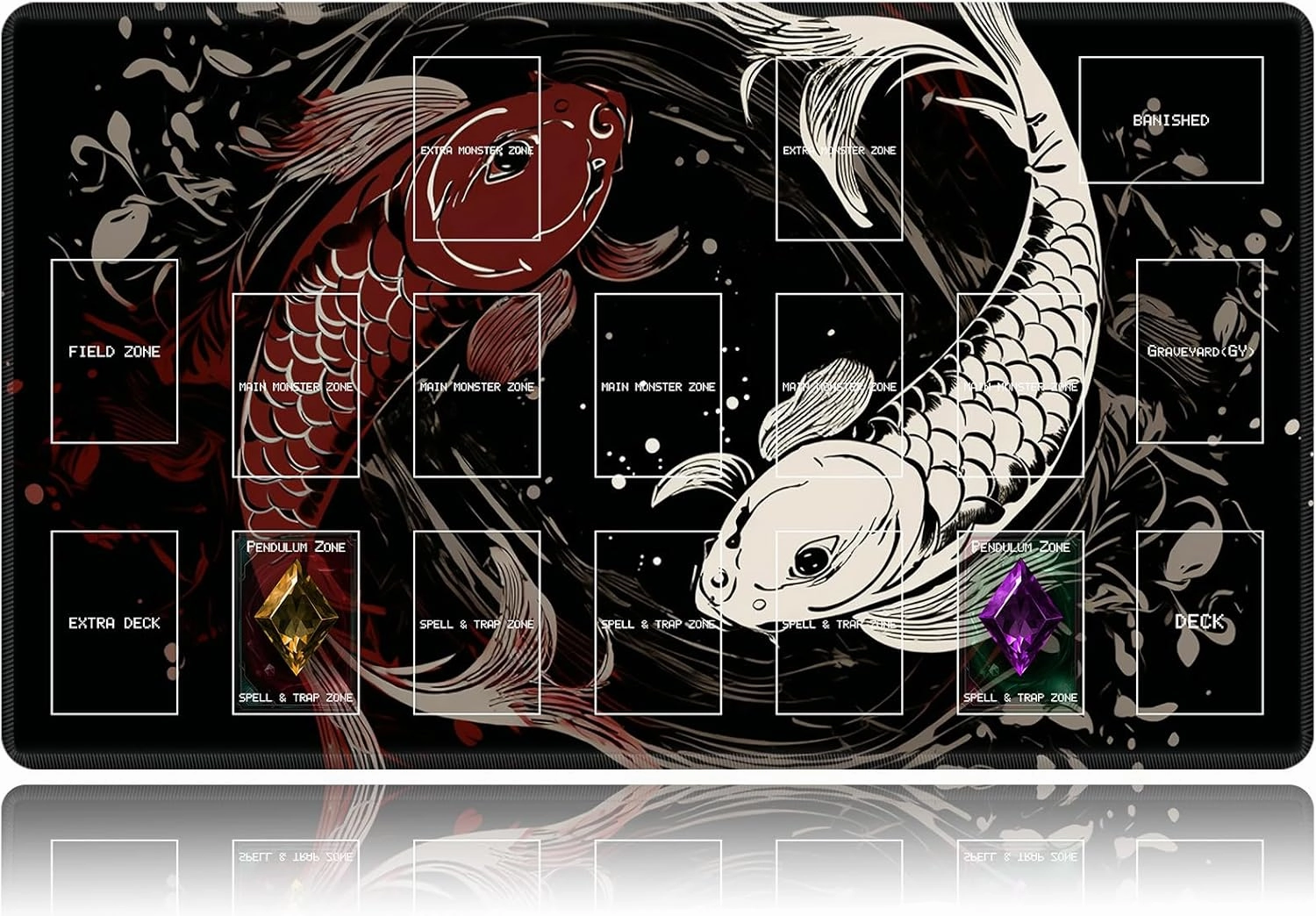 Playmat for OCG, Card Game Mat Non-Slip Rubber Base and Stitched, 24 x 14 in TCG Play Mat with Zones for CCG and Other Card Games, Koi Fish Art