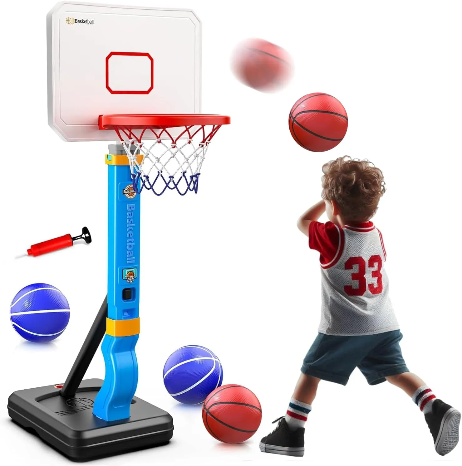 POCO DIVO Kids Basketball Hoop, Adjustable Height Goal Board Stand, Indoor Outdoor Toddler Classic Sports, Mini Portable Backyard Game 4-Balls Set, Boy Girl Toy Gift Adult Poolside Party Play, Blue