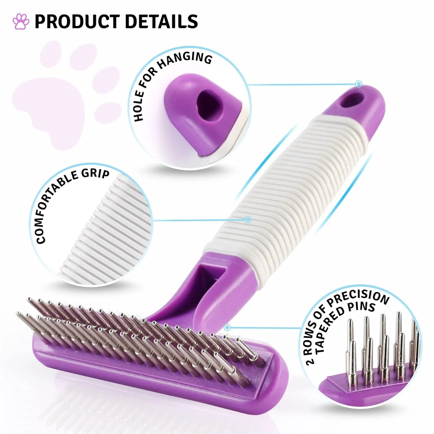 POODLIE Poodle Pet Dog Grooming Rake| Dematting Tool with Stainless Steel Shedding Comb for Pets | 2 Rows of Pins Gently Remove Loose or Tangled Hair from Undercoat | Purple Handle