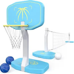 Pool Basketball Hoop or Pool Volleyball Net, 2 in 1 Stainless Steel Pool Basketball Hoops Poolside Set for Family Outdoor Pool Games, Summer Pool Parties