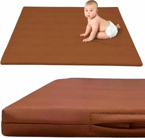 Premium Large Vegan Leather 1.4 Inch Thick Padded Baby Play Mat – Soft, Cushioned, Non-Toxic, and Easy to Clean, Brown, Large Size, Faux Leather Playmat (48" x 48")