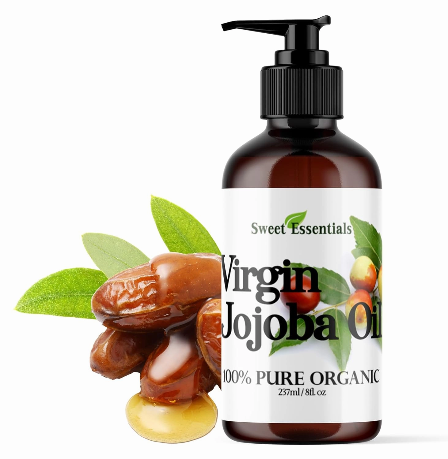 Premium Organic Unrefined Jojoba Oil, 8oz with Pump, Imported from Argentina, 100% Pure, Cold Pressed - for Hair, Skin & Nails - Best Natural Moisturizer - Hexane Free by Sweet Essentials