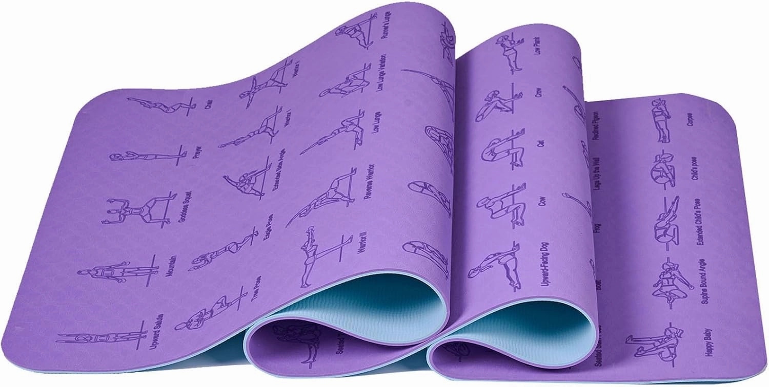 Premium TPE Yoga Mat – 183x61cm Anti-Skid Exercise & Pilates Mat – Eco-Friendly, Durable, Anti-Tear, Non-Slip with Yoga Pose & Position Line Printing – Ideal for Fitness, Gym, & Camping