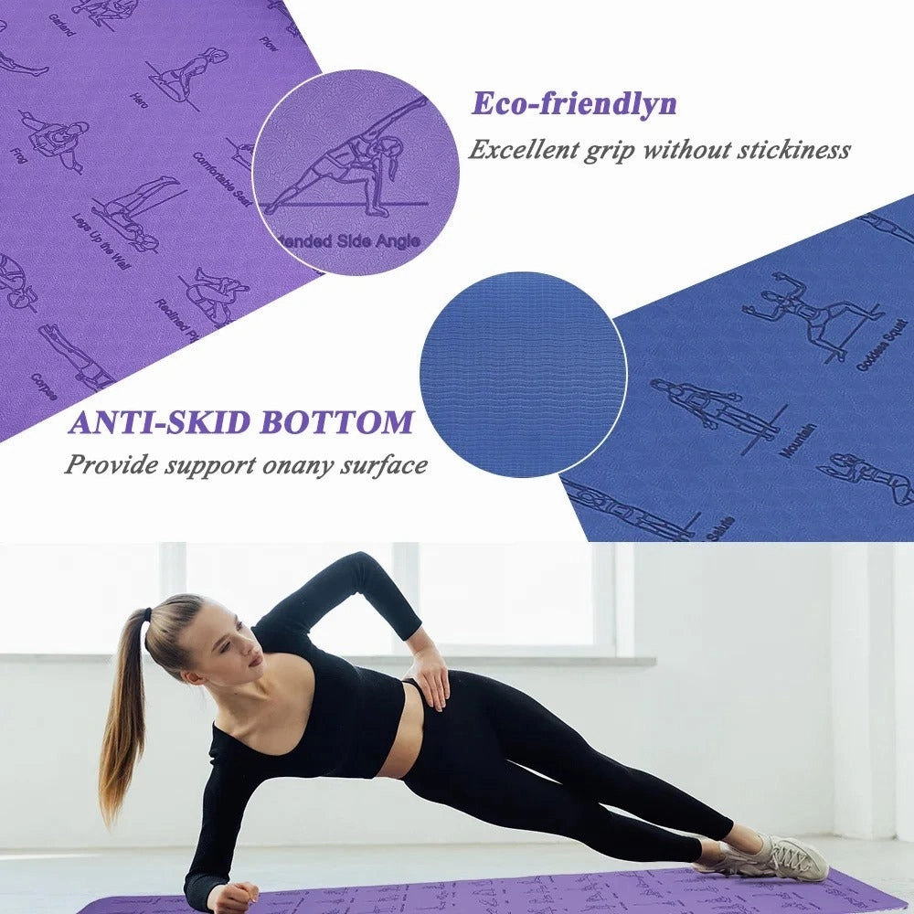 Premium TPE Yoga Mat – 183x61cm Anti-Skid Exercise & Pilates Mat – Eco-Friendly, Durable, Anti-Tear, Non-Slip with Yoga Pose & Position Line Printing – Ideal for Fitness, Gym, & Camping