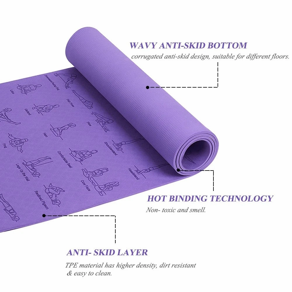 Premium TPE Yoga Mat – 183x61cm Anti-Skid Exercise & Pilates Mat – Eco-Friendly, Durable, Anti-Tear, Non-Slip with Yoga Pose & Position Line Printing – Ideal for Fitness, Gym, & Camping