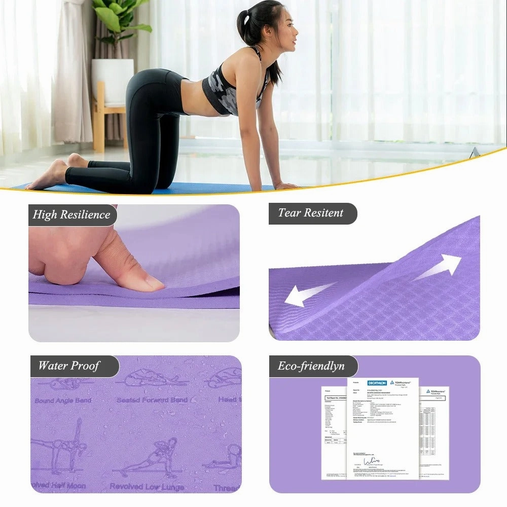 Premium TPE Yoga Mat – 183x61cm Anti-Skid Exercise & Pilates Mat – Eco-Friendly, Durable, Anti-Tear, Non-Slip with Yoga Pose & Position Line Printing – Ideal for Fitness, Gym, & Camping