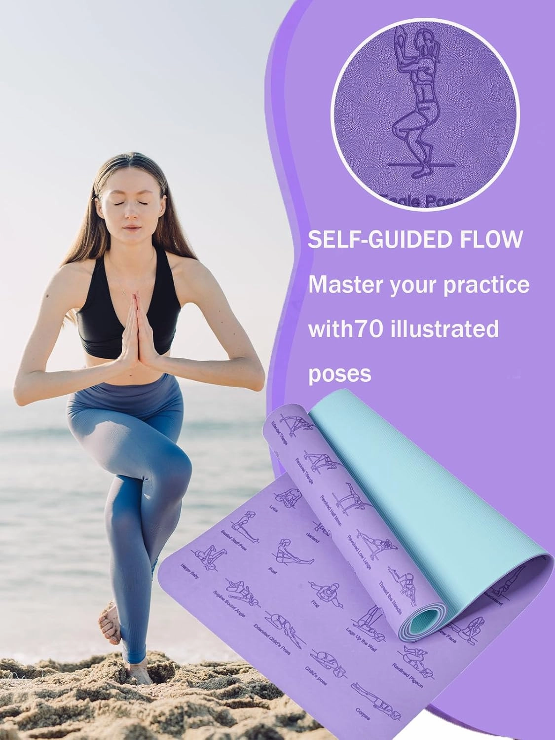 Premium TPE Yoga Mat – 183x61cm Anti-Skid Exercise & Pilates Mat – Eco-Friendly, Durable, Anti-Tear, Non-Slip with Yoga Pose & Position Line Printing – Ideal for Fitness, Gym, & Camping