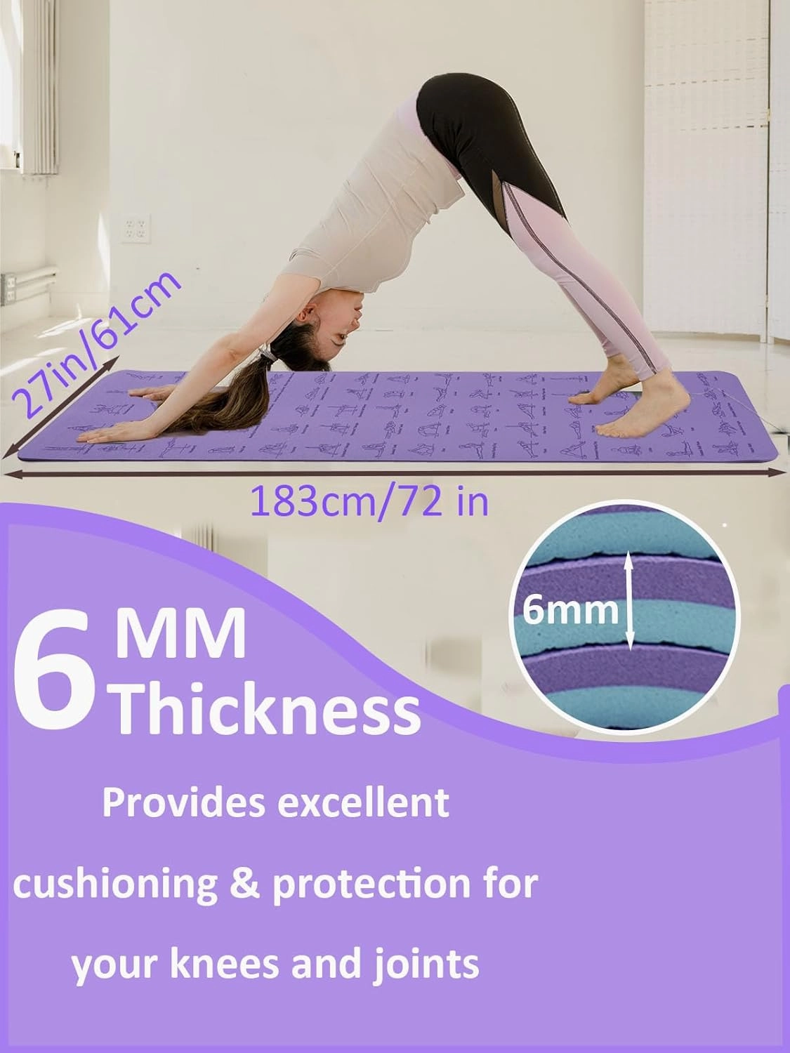 Premium TPE Yoga Mat – 183x61cm Anti-Skid Exercise & Pilates Mat – Eco-Friendly, Durable, Anti-Tear, Non-Slip with Yoga Pose & Position Line Printing – Ideal for Fitness, Gym, & Camping