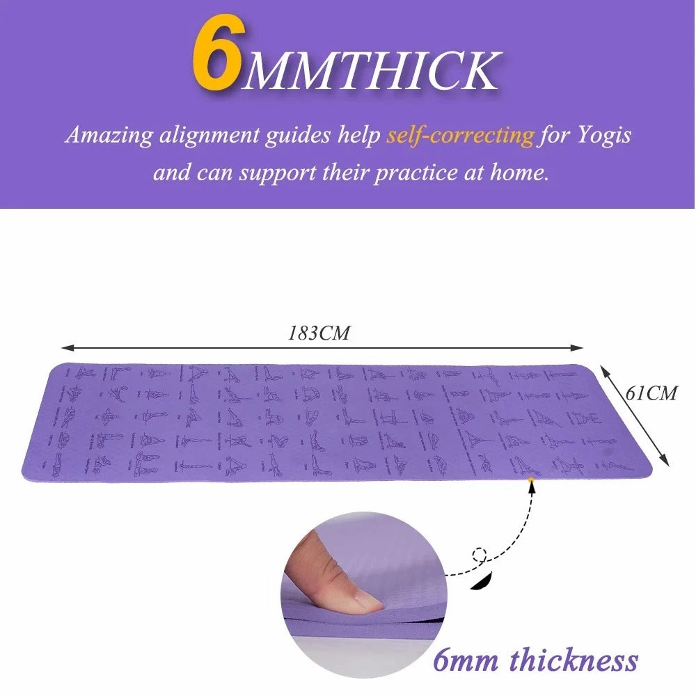 Premium TPE Yoga Mat – 183x61cm Anti-Skid Exercise & Pilates Mat – Eco-Friendly, Durable, Anti-Tear, Non-Slip with Yoga Pose & Position Line Printing – Ideal for Fitness, Gym, & Camping