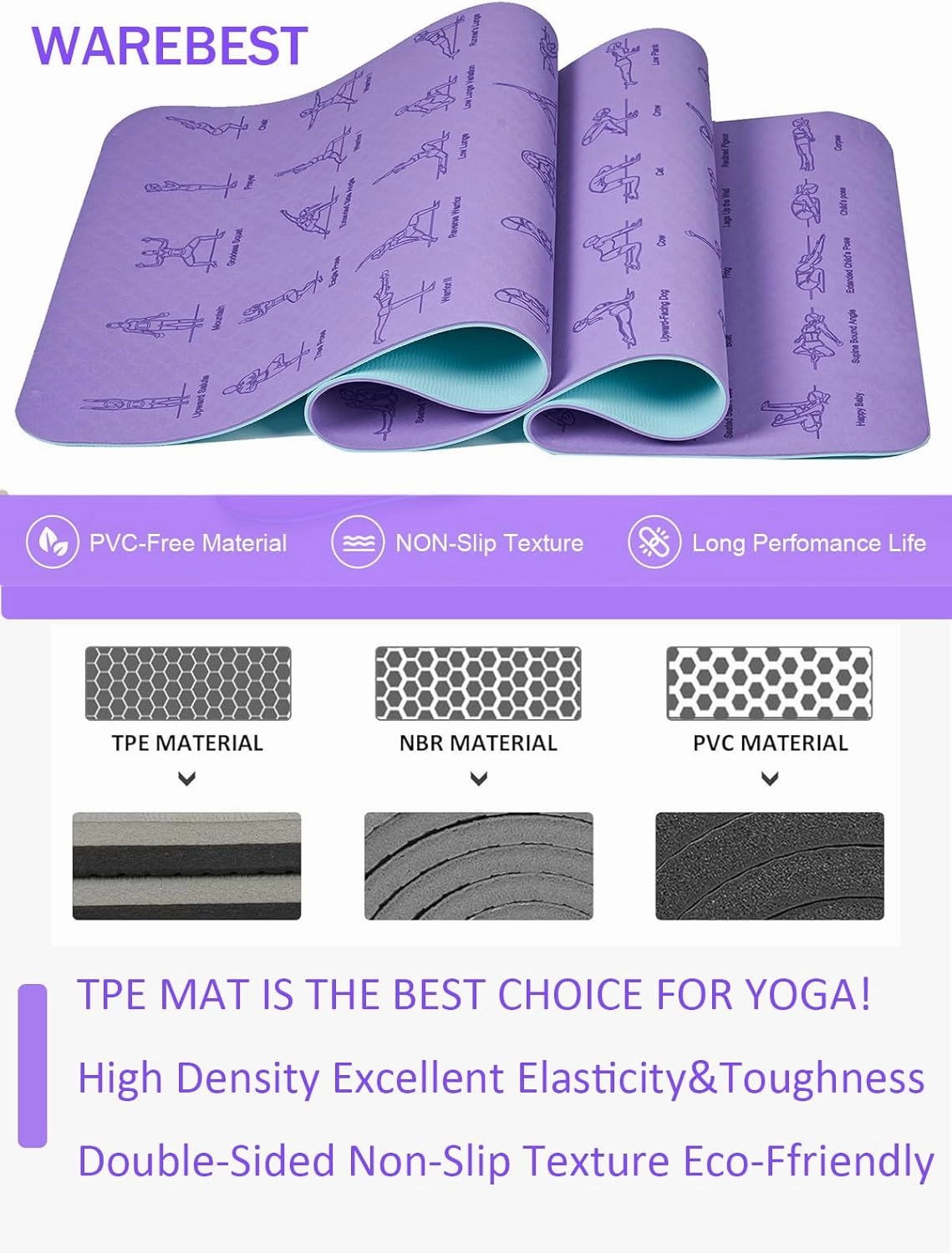 Premium TPE Yoga Mat – 183x61cm Anti-Skid Exercise & Pilates Mat – Eco-Friendly, Durable, Anti-Tear, Non-Slip with Yoga Pose & Position Line Printing – Ideal for Fitness, Gym, & Camping