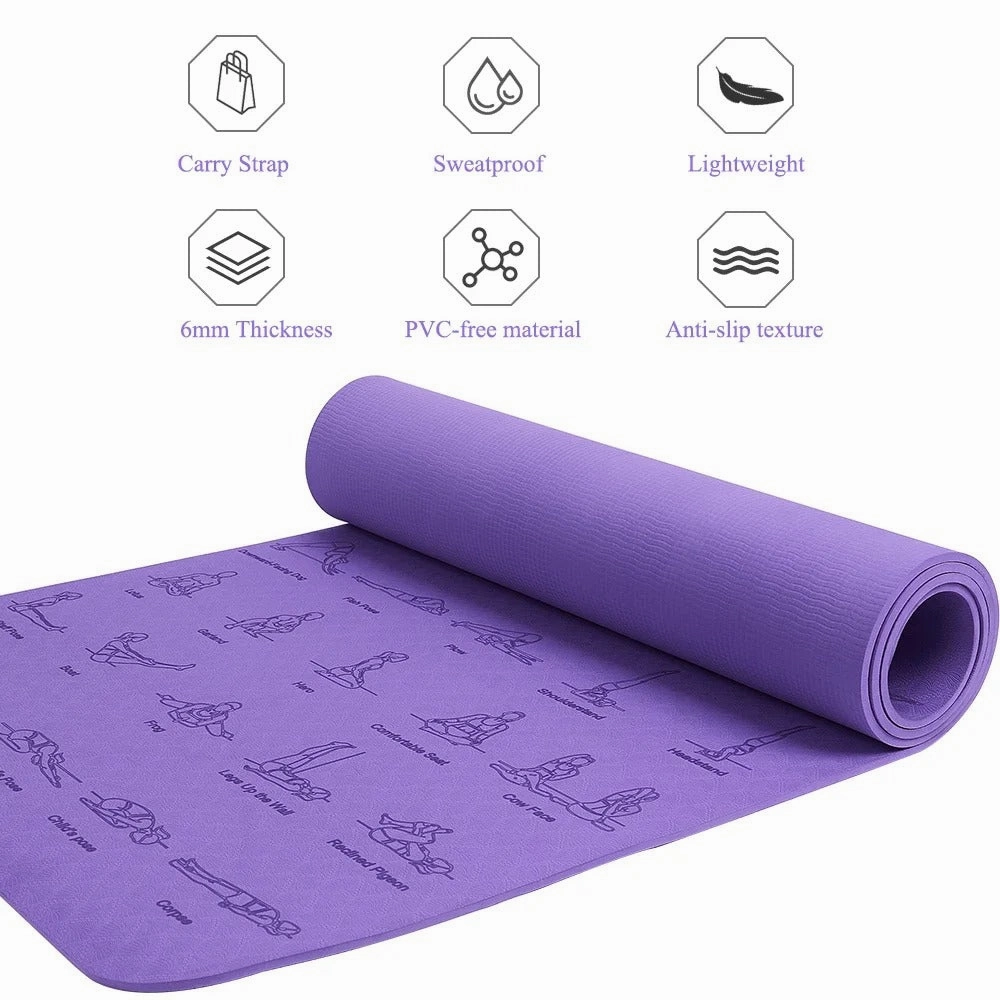 Premium TPE Yoga Mat – 183x61cm Anti-Skid Exercise & Pilates Mat – Eco-Friendly, Durable, Anti-Tear, Non-Slip with Yoga Pose & Position Line Printing – Ideal for Fitness, Gym, & Camping