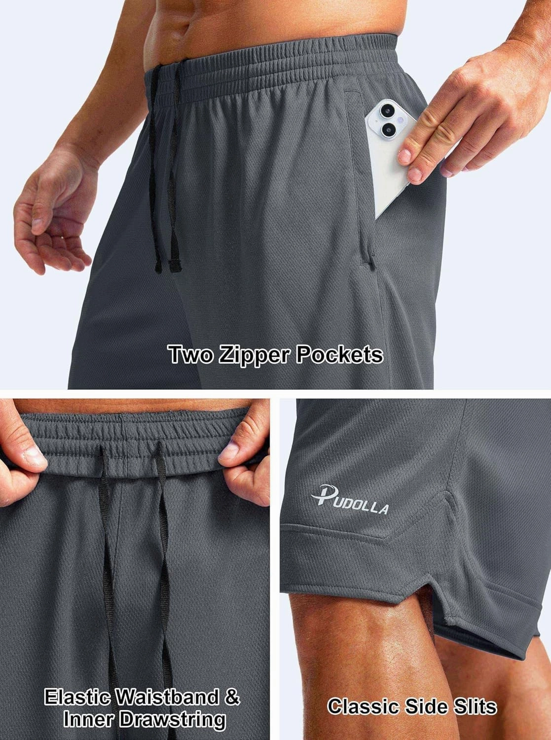 Pudolla Men's Basketball Shorts with Zipper Pockets 11" Long Gym Athletic Shorts for Men Lightweight Quick Dry
