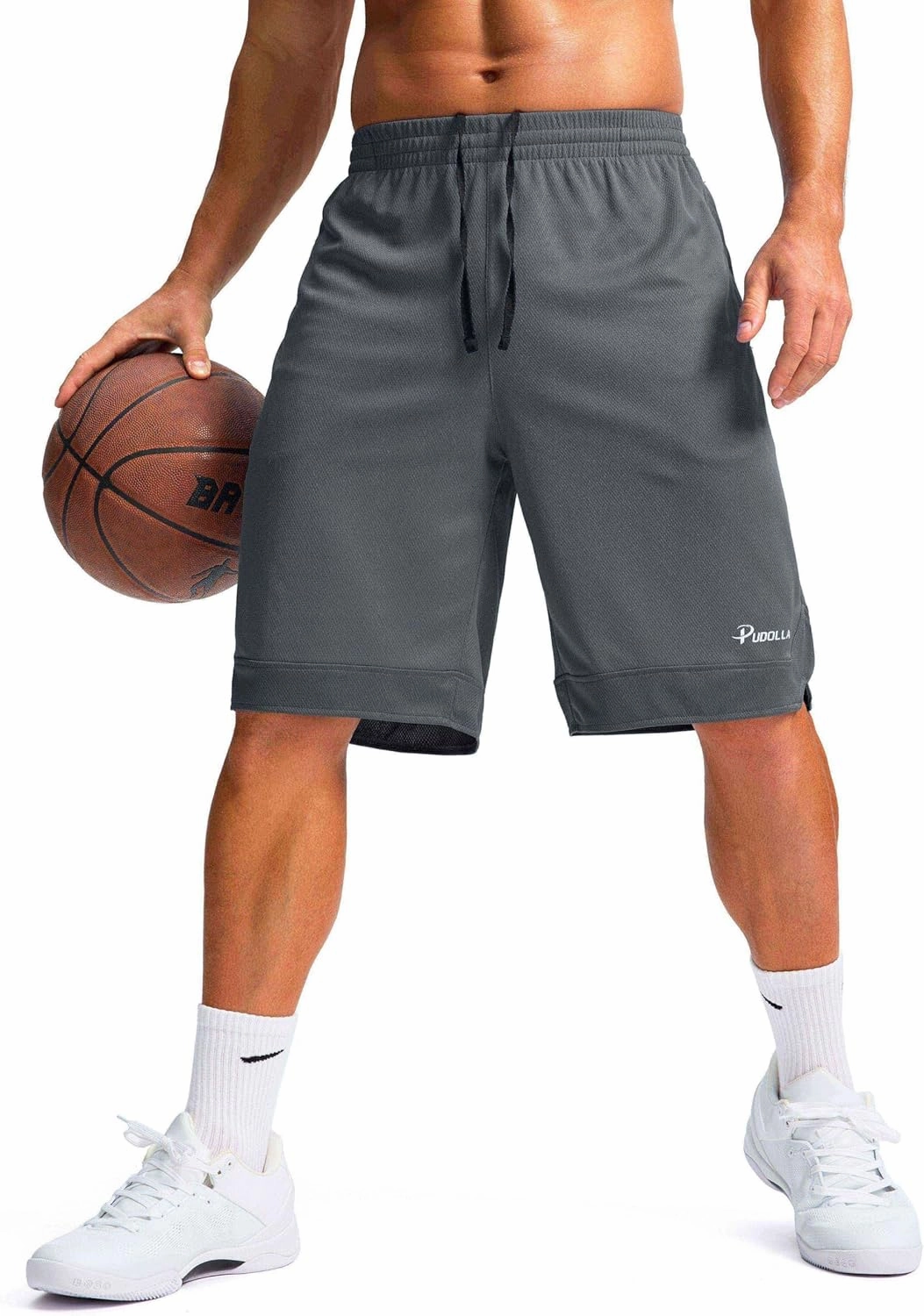 Pudolla Men's Basketball Shorts with Zipper Pockets 11" Long Gym Athletic Shorts for Men Lightweight Quick Dry