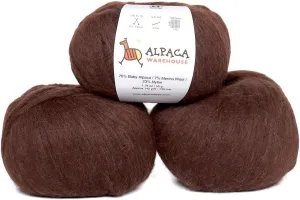 Pullu - Baby Alpaca Merino Wool Yarn Set of 3 Skeins (150 Grams) Worsted Weight - Sourced Directly from Peru - Heavenly Soft and Perfect for Knitting and Crocheting (Brown)