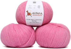 Pullu - Baby Alpaca Merino Wool Yarn Set of 3 Skeins (150 Grams) Worsted Weight - Sourced Directly from Peru - Heavenly Soft and Perfect for Knitting and Crocheting (Cotton Candy)