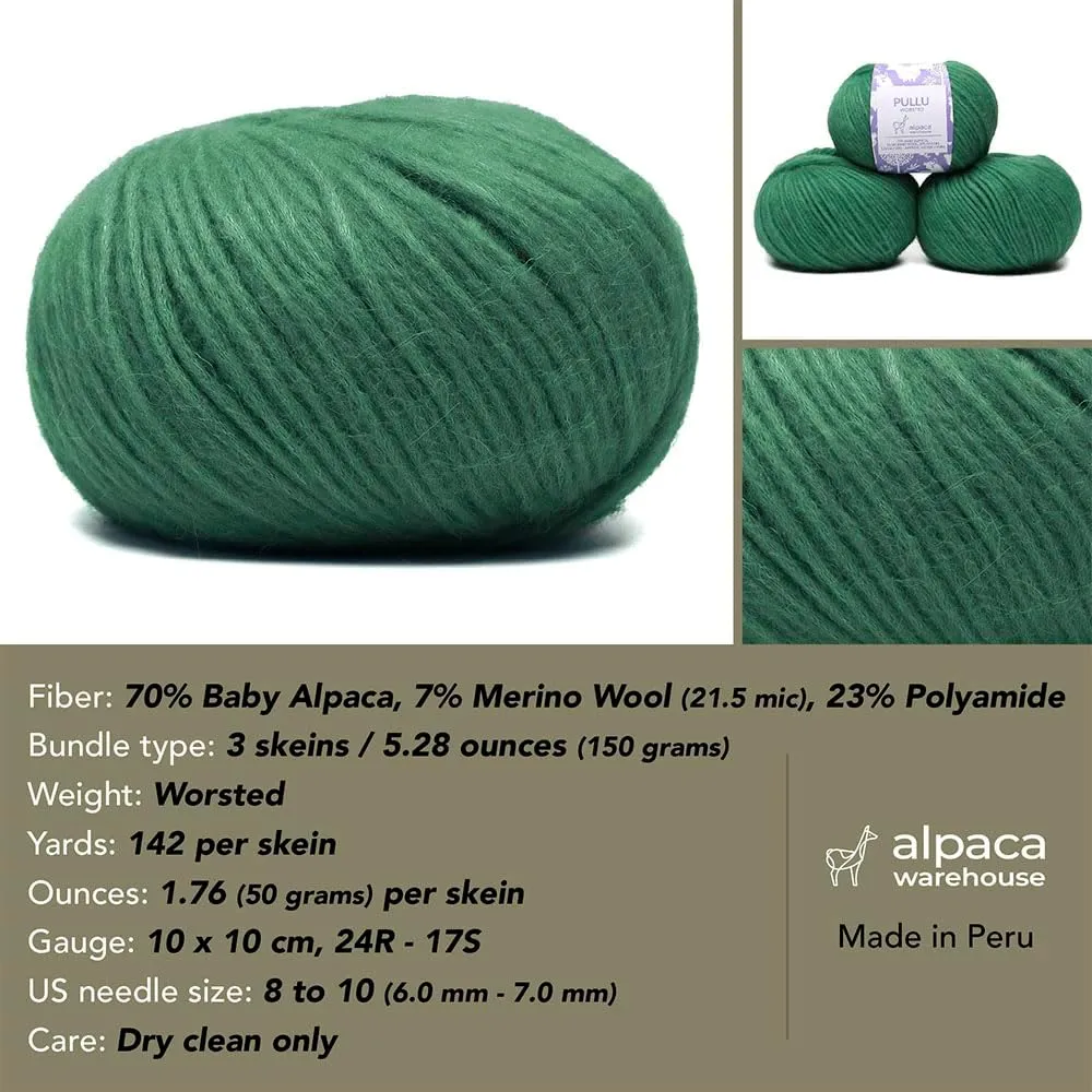 Pullu - Baby Alpaca Merino Wool Yarn Set of 3 Skeins (150 Grams) Worsted Weight - Sourced Directly from Peru - Heavenly Soft and Perfect for Knitting and Crocheting (Denim Blue)