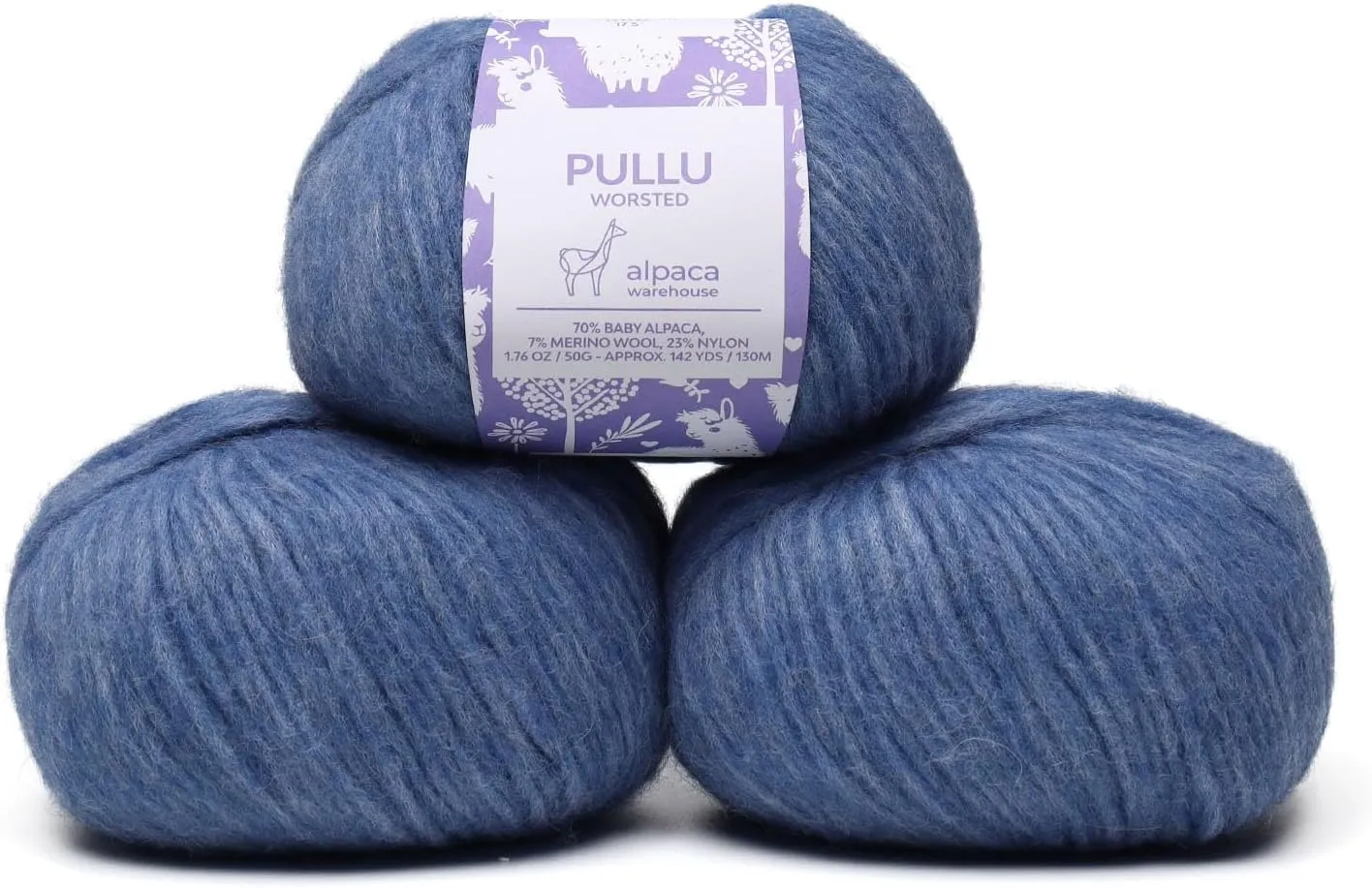 Pullu - Baby Alpaca Merino Wool Yarn Set of 3 Skeins (150 Grams) Worsted Weight - Sourced Directly from Peru - Heavenly Soft and Perfect for Knitting and Crocheting (Denim Blue)