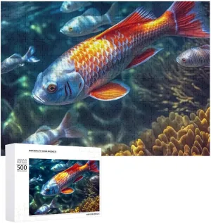 Puzzle 500 Pieces Personalized Colorful Fish Swimming Puzzle for Adults Pet Puzzle Wooden Picture Puzzle Challenging Puzzle with Storage Bag Family Reunion Puzzle for Wedding Gift