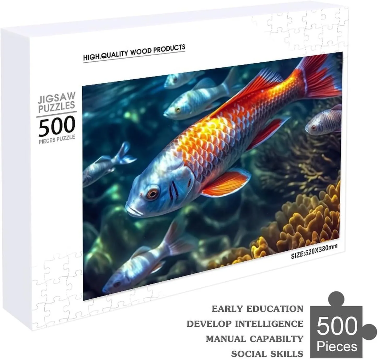 Puzzle 500 Pieces Personalized Colorful Fish Swimming Puzzle for Adults Pet Puzzle Wooden Picture Puzzle Challenging Puzzle with Storage Bag Family Reunion Puzzle for Wedding Gift