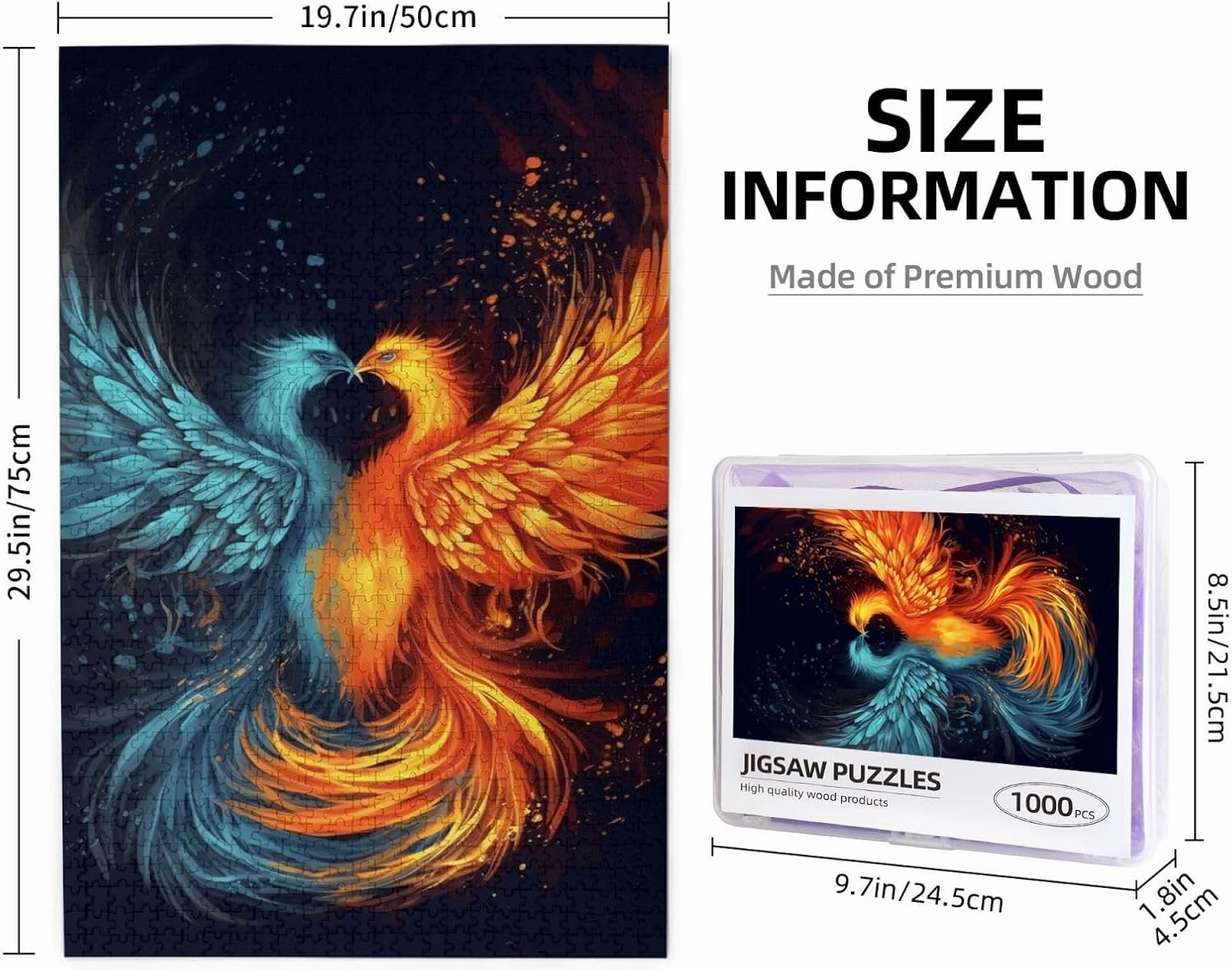 Puzzles 1000 Pieces Personalized Jigsaw Puzzles Photos Puzzle for Adults Fire and Water Phoenix Jigsaw Puzzles Challenging Picture Puzzle for Men Women Home Decor (19.7" x 29.5")