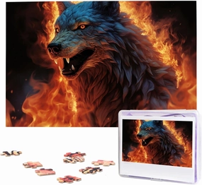 Puzzles 1000 Pieces Personalized Jigsaw Puzzles Wolf Surrounded by Fire Photo Puzzle with Storage Bag Challenging Picture Puzzle for Adults Picture Puzzle for Family Decor Jigsaw 29.5" x 19.7"