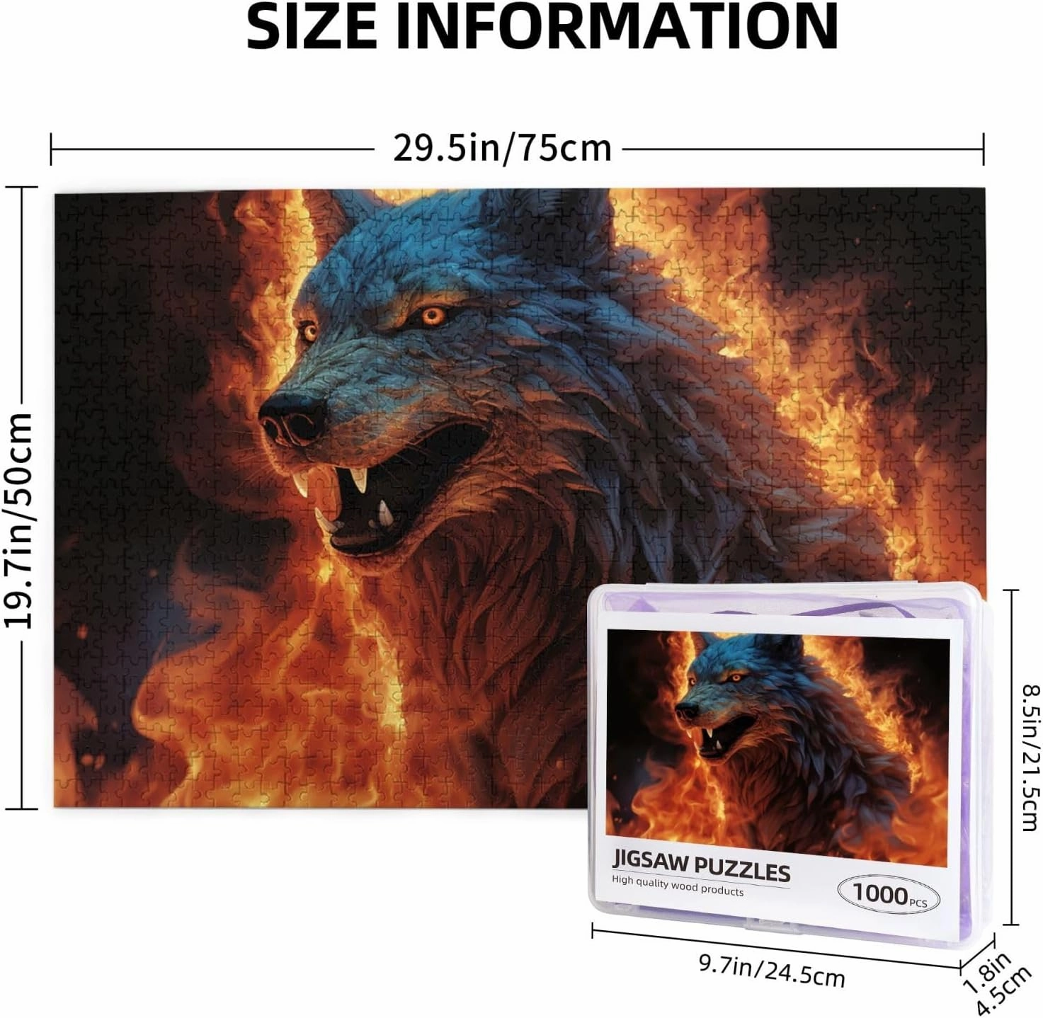 Puzzles 1000 Pieces Personalized Jigsaw Puzzles Wolf Surrounded by Fire Photo Puzzle with Storage Bag Challenging Picture Puzzle for Adults Picture Puzzle for Family Decor Jigsaw 29.5" x 19.7"