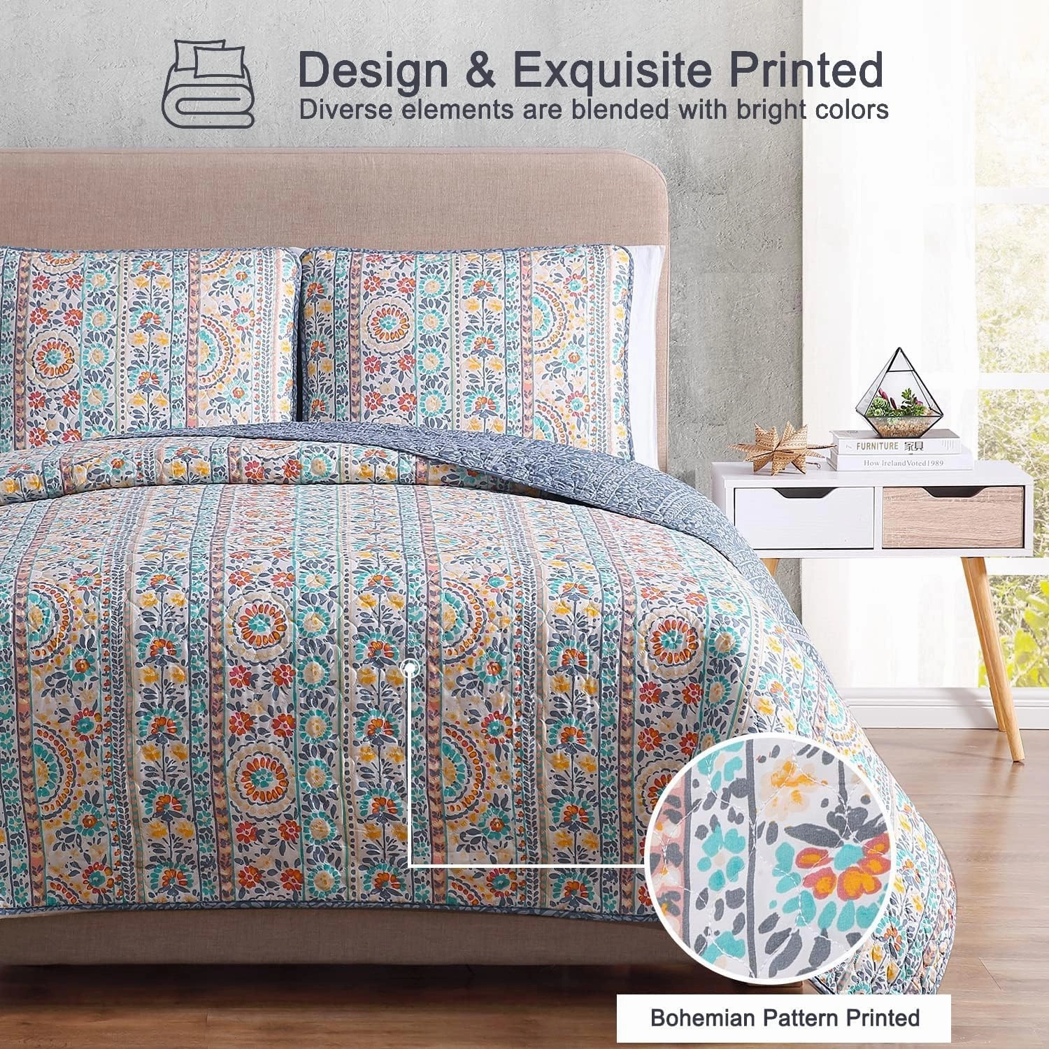 Quilt Set Twin Size 2 Piece, Cosima Striped Printed Bedding Coverlet Set, Lightweight Soft Reversible Bedspread Sets for All Season (1 Quilt & 1 Pillow Shams)