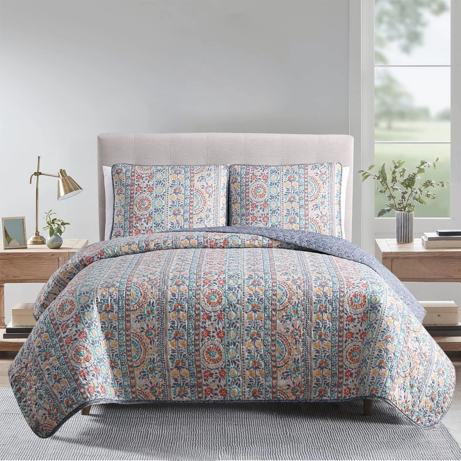 Quilt Set Twin Size 2 Piece, Cosima Striped Printed Bedding Coverlet Set, Lightweight Soft Reversible Bedspread Sets for All Season (1 Quilt & 1 Pillow Shams)