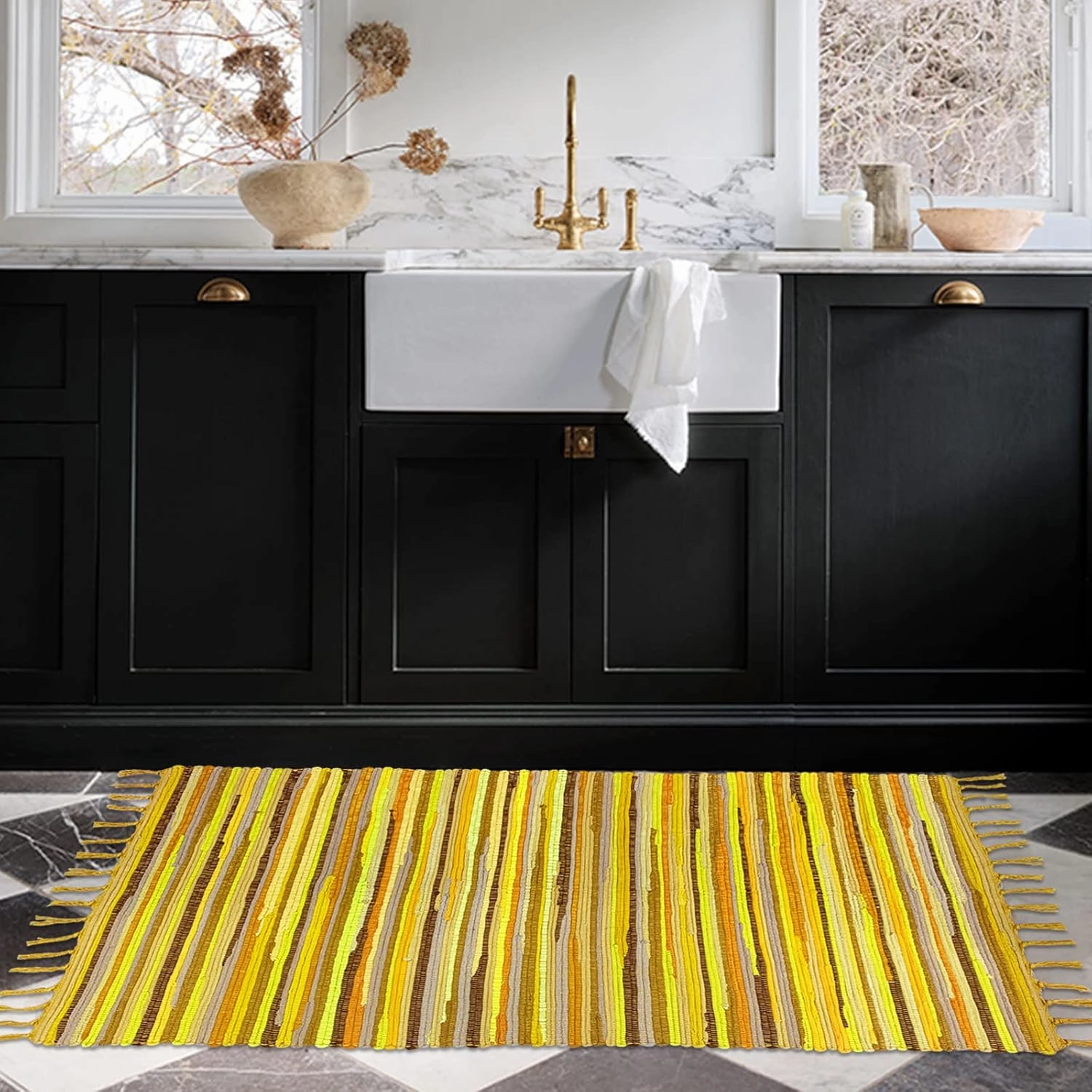 Rag Rug 2x4 Chindi Rug Cotton Hand Woven Yellow Bedroom Farmhouse Kitchen Floor Mat Reversible Striped Throw Carpet for Living Room Entryway Eco Friendly Area Rug, Yellow