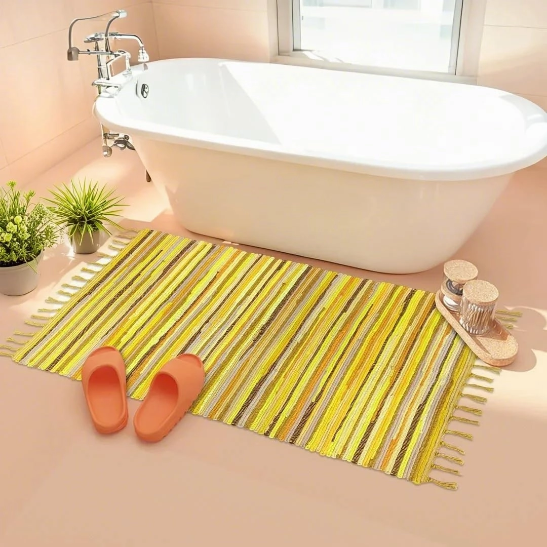 Rag Rug 2x4 Chindi Rug Cotton Hand Woven Yellow Bedroom Farmhouse Kitchen Floor Mat Reversible Striped Throw Carpet for Living Room Entryway Eco Friendly Area Rug, Yellow