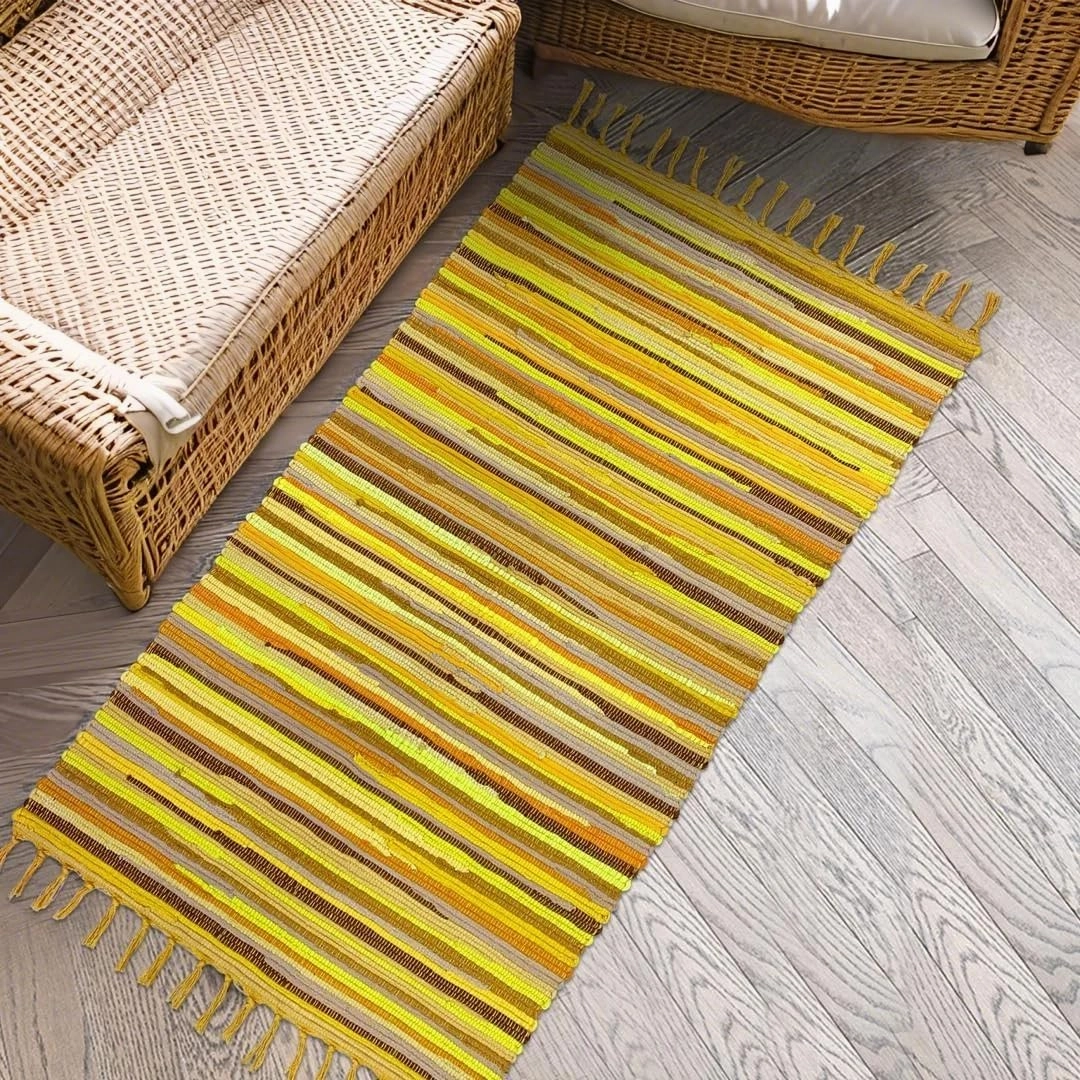 Rag Rug 2x4 Chindi Rug Cotton Hand Woven Yellow Bedroom Farmhouse Kitchen Floor Mat Reversible Striped Throw Carpet for Living Room Entryway Eco Friendly Area Rug, Yellow