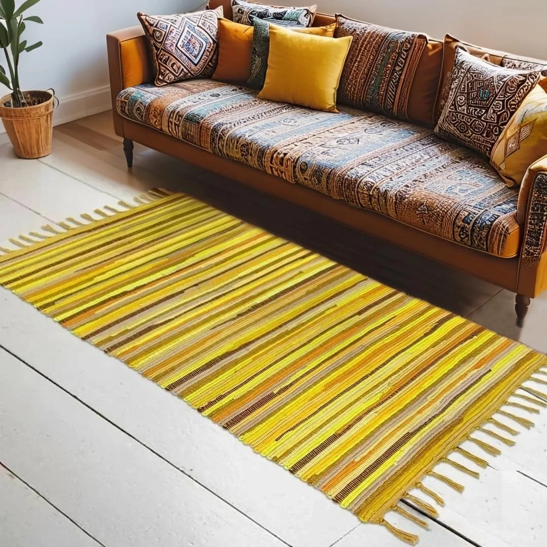 Rag Rug 2x4 Chindi Rug Cotton Hand Woven Yellow Bedroom Farmhouse Kitchen Floor Mat Reversible Striped Throw Carpet for Living Room Entryway Eco Friendly Area Rug, Yellow