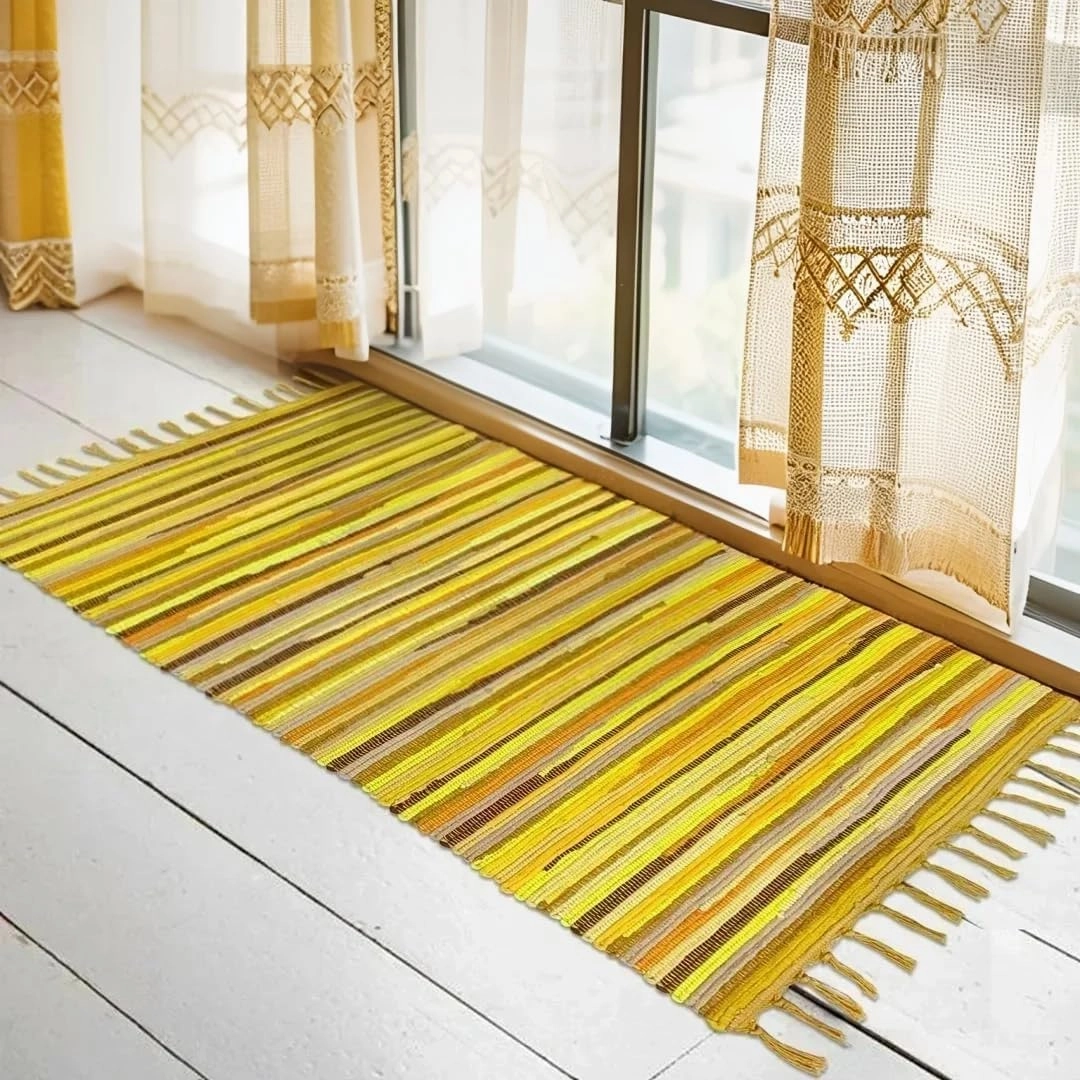 Rag Rug 2x4 Chindi Rug Cotton Hand Woven Yellow Bedroom Farmhouse Kitchen Floor Mat Reversible Striped Throw Carpet for Living Room Entryway Eco Friendly Area Rug, Yellow