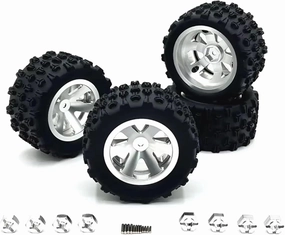 Rc Car Wheel Rim Tire Compatible with Wltoys 144001 124019 A959 for SCY 16101 for MJX 14209 16207 for JJRC Q130A RC Car Parts 84mm Metal Wheel Rim Tire Tyre(Silver)