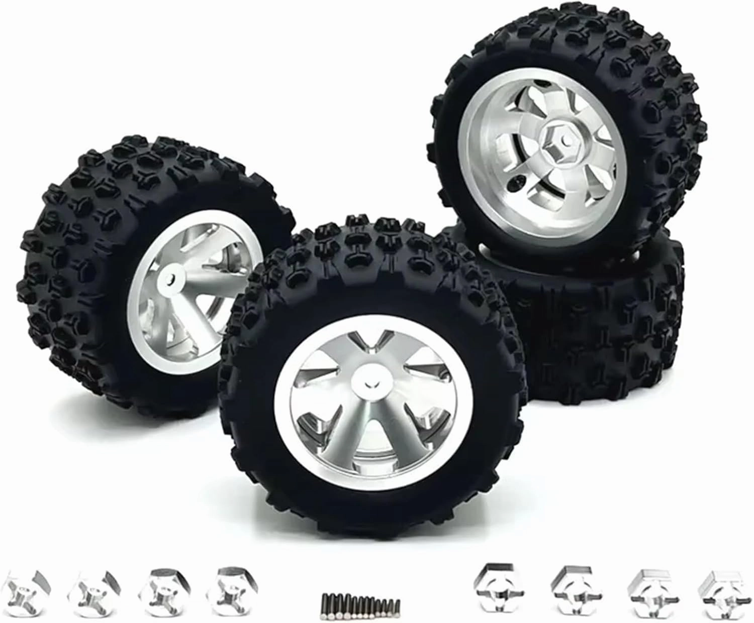 Rc Car Wheel Rim Tire Compatible with Wltoys 144001 124019 A959 for SCY 16101 for MJX 14209 16207 for JJRC Q130A RC Car Parts 84mm Metal Wheel Rim Tire Tyre(Silver)