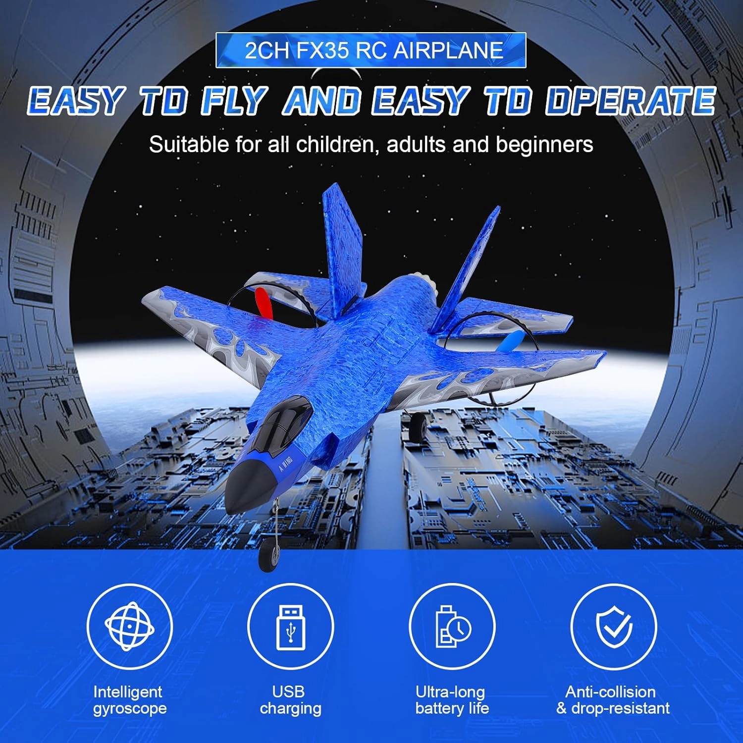 RC Plane 2CH RC Airplane Toys HW39 Fighter 2.4GHz Remote Control Plane RTF for Beginner, Kids and Adults F35 Aeroplane with Night Lights USB Charging (Blue)