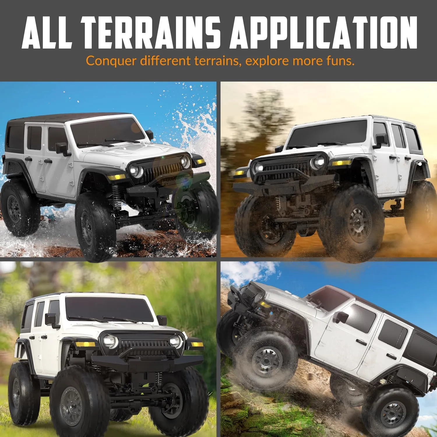 RCS24 Off Road 1/24 RC Truck 4x4 Off Road Crawler Climbing Vehicle All Terrain RC Monster Truck Remote Control Car with Bright Headlight 2 Batteries Waterproof Hobby Toys RTR (White)