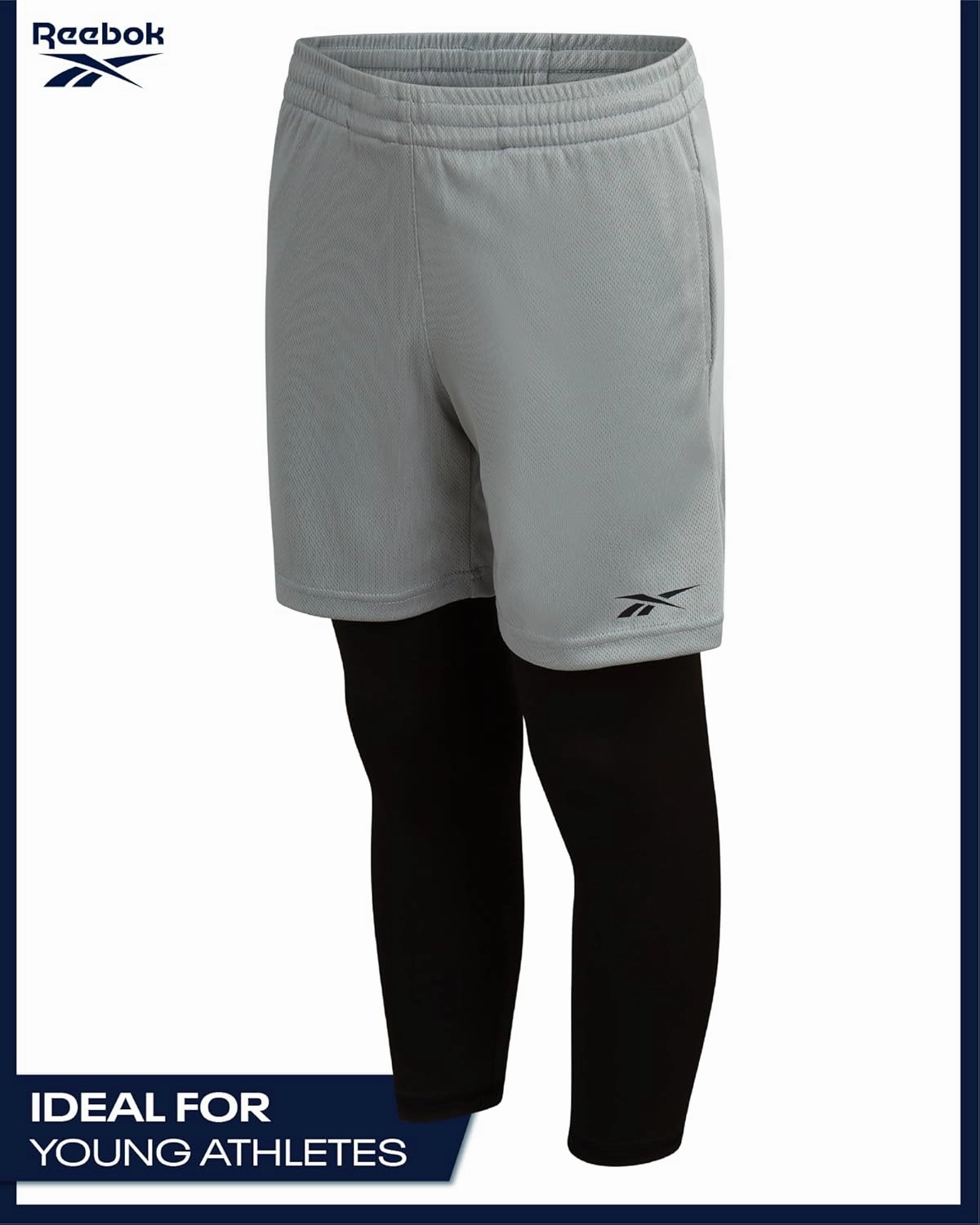 Reebok Boys Basketball Shorts - 2 Pack 2-in-1 Boys Athletic Shorts for Running with Compression Leggings Pockets & Drawstring