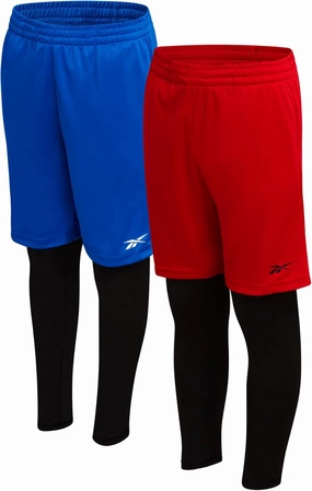 Reebok Boys Basketball Shorts - 2 Pack 2-in-1 Boys Athletic Shorts for Running with Compression Leggings Pockets & Drawstring