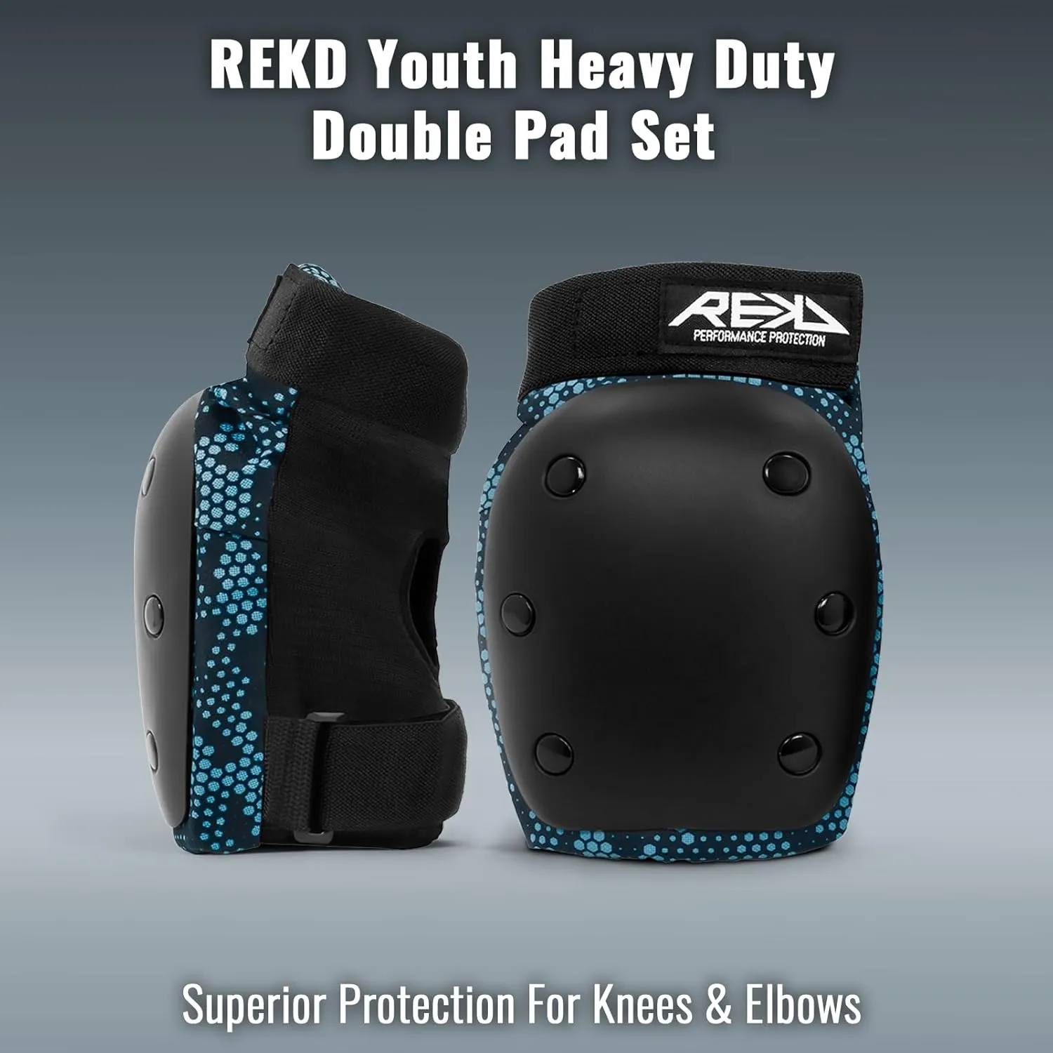 REKD Youth Heavy Duty Double Pad Set | Superior Protection for Skating | Impact-Resistant Knee and Elbow Pads w Dual Elasticated Velcro Straps and High Ventilation | Premium Embroidered Logos