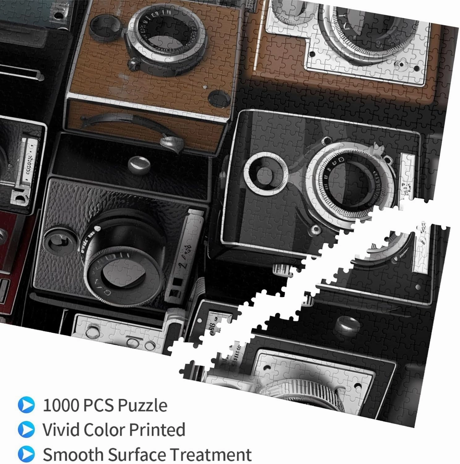 Retro Cool Camera Collection Puzzles 1000 Pieces Personalized Jigsaw Puzzles for Adults Personalized Picture with Storage Bag Puzzle Wooden Photos Puzzle for Family Home Decor (19.7" x 29.5")