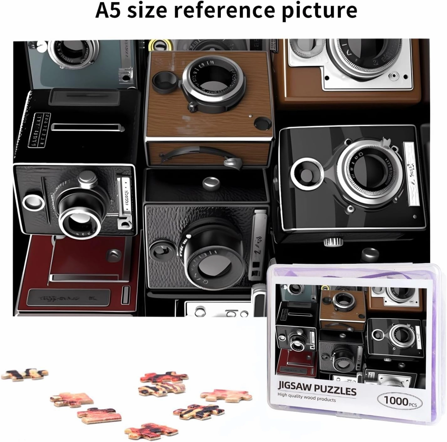 Retro Cool Camera Collection Puzzles 1000 Pieces Personalized Jigsaw Puzzles for Adults Personalized Picture with Storage Bag Puzzle Wooden Photos Puzzle for Family Home Decor (19.7" x 29.5")