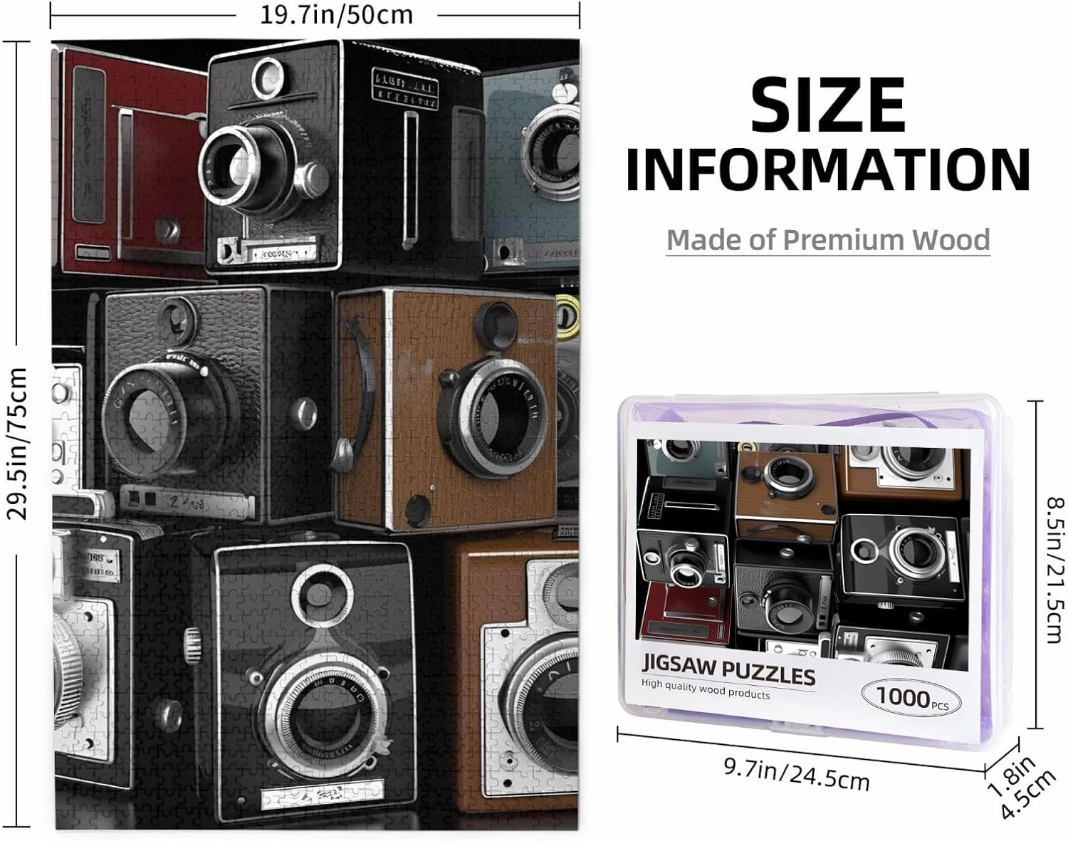 Retro Cool Camera Collection Puzzles 1000 Pieces Personalized Jigsaw Puzzles for Adults Personalized Picture with Storage Bag Puzzle Wooden Photos Puzzle for Family Home Decor (19.7" x 29.5")